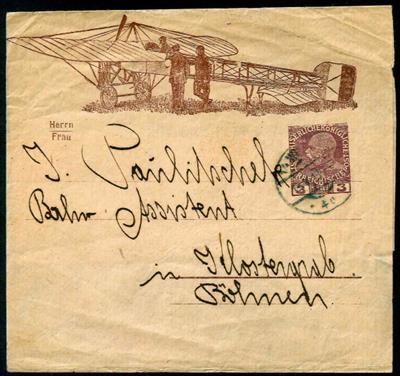 Österr. 1910 ZeitungsschleifeGanzsache zu 3 Heller lilabraun mit Aeroplane Abbildung von Wien nach Böhmen, - Stamps