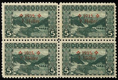 Bosnien **/* - 1915 KWM 7 Heller auf 5 Heller grün Lz.9 1/4 im Viererblock, - Stamps