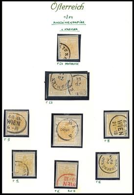 gestempelt/Briefstück - Österr. Ausg. 1850 - kl. Spezialpartie Nr. 1M - u.a. Erstdruck - rote Entwertung, - Briefmarken und Ansichtskarten