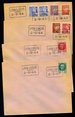 Frankreich 1944 - "Befreiungsstempel LYON" vom 2.9. 1944 auf 7 ungelaufenen Kuverts (1 Kuvert mit Riss), - Známky
