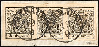 Ö Ausgabe 1850 Briefstück - 2 Kreuzer grauschwarz Type III Mp im waagr. Dreierstreifen mit 2 Einkreisstpl."BERAUN/ 19.9.", - Francobolli