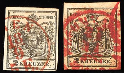 Ö Ausgabe 1850 gestempelt - 2 Kreuzer Hp und Mp,2 Marken mit roten Stempeln von Wien, - Známky
