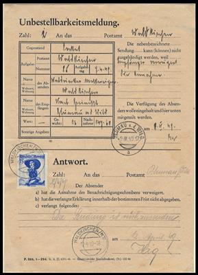 Trachten II/Bunte Landschaft Unbestellbarkeitsmeldung Blumau - Waldkirchen aus 1949 mit 1 S Trachten II in Blau, - Briefmarken und Ansichtskarten