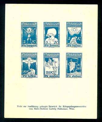 (*) - 1kl. Mäppchen mit nicht zur Ausführung gelangten Entwürfen für Kriegsgefangenenmarken, - Briefmarken und Ansichtskarten