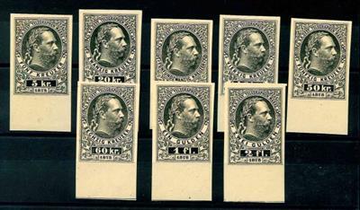 (*) - Österr. - Telegraphenmarken Nr. 10/17 als Bogenproben in Schwarz vom Bogenunterrand, - Briefmarken und Ansichtskarten