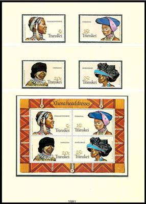 ** - Sammlung Transkei 1976/94 u. Venda 1979/1994 u. Bophuthatswana 1977/1994 und Ciskei 1981/1994, - Briefmarken und Ansichtskarten