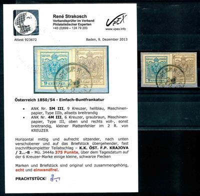 Österr. Ausg. 1850 - "K. K. ÖST. F. P. KRAJOV(A) 2.../8" u. Teilabschlag auf Briefstück mit Nr. 5MIII und 4MIII, - Francobolli