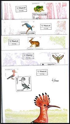 Markenentwerfer Prof. Margreiter - 10 limitierte Entwurfblätter Tiermotive mit Marke, - Briefmarken