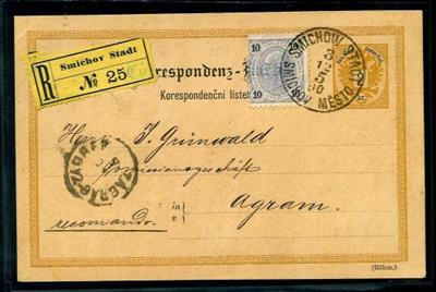 Österr. Monarchie 2 Kr. Ganzsache im Muster 1883 +   ANK Nr. 54 rekommandiert ab Smichov Stadt nach Agram, - Stamps