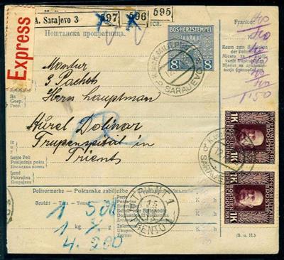 Bosnien Poststück - 1913/17 Interessante Freimarken-Frankaturen auf 4 Paket-Karten, - Známky