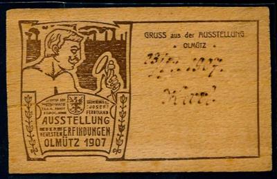Poststück - Holzkarte "Gruss aus der Ausstellung Olmütz" (der neuesten Efindungen 1907), - Známky
