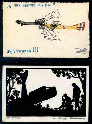 Ansichtskarten um 1900/1910 Flugzeug- Absturz - 2 seltene Ansichtskarten handcouloriert bzw. Scherenschnitt, - Briefmarken