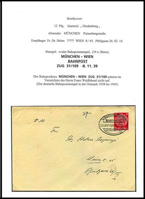 Kl. Partie Bahnpost Wien - München und retour aus der Ostmark - perfekt beschrieben und auf Blättern aufgezogen, - Briefmarken