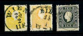 Ö Ausgabe 1858 gestempelt - 2 Kreuzer gelb und hellorange sowie 3 Kreuzer Schwarz, - Briefmarken