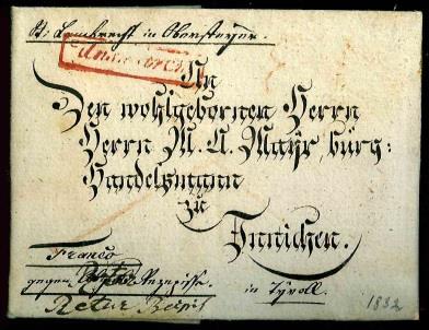 Ö Vorphila 1832 "Unsmarck" roter Kastenstempel auf Brief mit äusserst dekorativen Zierschrift, - Briefmarken