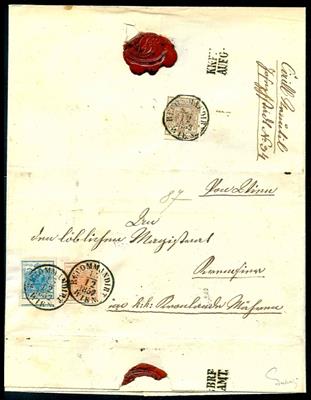 Österr. Ausg. 1850 - Nr. 5H + 3H und rückseitig  4H auf rekommandiertem Faltbrief von Wien nach Kremsier aus 1852, - Briefmarken