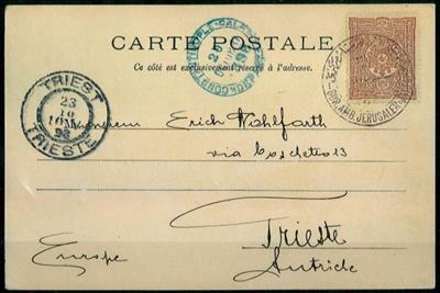 Judaika 1898 "BUR. AMB. JERUSALEM- JAFFA" seltener Bahnpoststempel auf Ansichtskarte nach Triest, - Francobolli