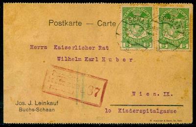 Liechtenstein Poststück - 1918 "Postkarte" vom 17. September 1918 mit 2x 5 Heller grün von Schaan(Buchs) nach Wien, - Francobolli