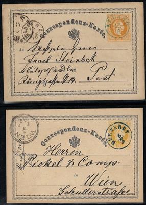 Poststück - Österr. 1867 - 7 Corresp. - Karten 2 Kr. gelb mit versch. Prachtabschlägen, - Briefmarken