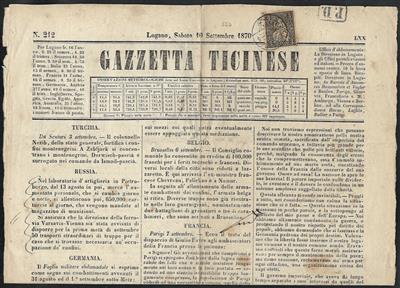 Poststück - Schweiz Nr. 21 auf Titelseite der Gazzetta Ticinese, - Stamps
