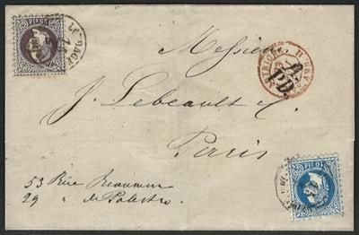 ö levante Poststück - 1873 Brief mit 25 Soldi lila + 10 Soldi blau auf Brief nach Paris, - Briefmarken