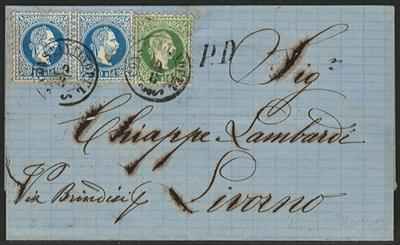 Ö Post Levante Poststück - 1873 Freimarken 10 Sld. blau waagr. Paar+3 Sld. grün auf Brief von Constantinopel nach Livorno, - Známky