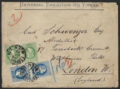 Österr. Ausg. 1867, Nr. 36I (2) + 38I (2) auf Vordruckkuvert der "Weltausstellung Wien 1873" - Briefmarken