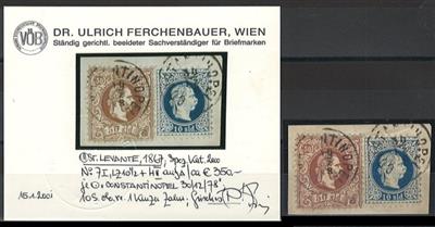 Ö Levante Briefstück - 50 Sld. braun Type I+ 10 Sld. blau Type II mit OT-Stempel von Constantinopel,1 kurzer Zahn, - Briefmarken