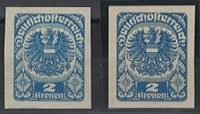 ** - Österr. Nr. 315 xU u. 315 yU (2 Kronen blau weises u. dickes graues Papier) beide ungezähnt, - Briefmarken