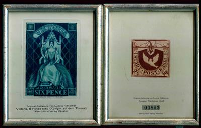 9 gerahmte Briefmarken - Radierungen von Ludwig Heßhaimer (8) und Kurt Libesny(1), - Briefmarken