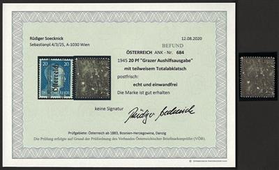 ** - Österr. 1945 - Nr. 684 (20 Pfg. Grazer) mit tlw. m Totalabklatsch, - Briefmarken