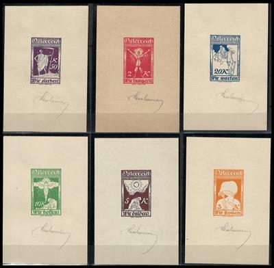 Poststück - Österr. I. Rep. - 6 Entwürfe von L. Hesshaimer für eine nicht realisierte KriegsgefangenenhilfsMarkenserie, - Francobolli