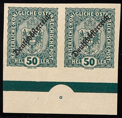 ** - Deutschösterr. 1918 - 6 Werte der Überdruckserie in ungez. unteren Randpaaren mit Fixierungspunkten u. Balken, - Briefmarken