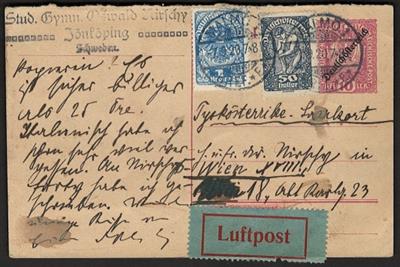 Poststück - Österr. 1920 - Postkarte per Luftpost von MALMÖ nach WIEN, - Briefmarken