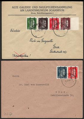 Poststück - Partie meist Philateliebelege mit Grazer Aushilfsausgabe 1945, - Briefmarken