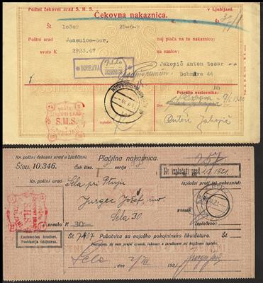 Poststück - Jugosl. 1920/21 - 100 div. Scheckanweisungen m. interessanten Frankaturen, - Briefmarken