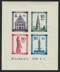 ** - Franz. Zone Bl. Nr. 1B IV (Farbfleck lineks neben "B"), - Stamps