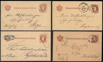 Poststück - Österr. 1876/82 - ca. 85 Corresp. Karten - 2 Kr. rotbraun mit div. O.Ö. Abstplgn., - Briefmarken und Ansichtskarten