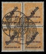gestempelt - Deutsches Reich Dienstmarke Nr. 85 (5 Mrd.) in Viererbl. gepr., - Briefmarken und Ansichtskarten