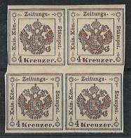 ** - Österr. ND d. Zeitungsstempelmarke 4 kr. braun im Viererblock, - Francobolli