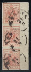 gestempelt - Lombardei Nr. 3M IIIc im senkrechten Dreierstreifen mit Bogenleiste rechts, - Stamps