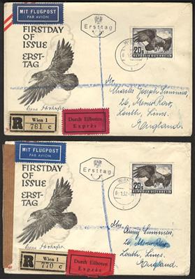 Poststück - Österr. - 4 gelaufene FDCs mit Nr. 973 (20S aus Flug 1950/53) in stark unterschiedl. Erh., - Briefmarken