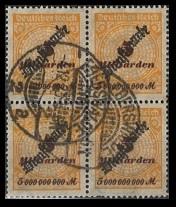 gestempelt - Deutsches Reich Dienstmarke Nr. 85 (5 Mrd.) in Viererbl. gepr., - Stamps