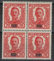** - Österr. Feldpost Ausg. f. Rumänien Nr. VI (20 Bani) im Viererbl., - Briefmarken und Ansichtskarten