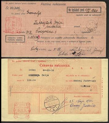 Poststück - Jugosl. 1920/21 - 100 div. Scheckanweisungen mit interessanten Frankaturen, - Briefmarken und Ansichtskarten