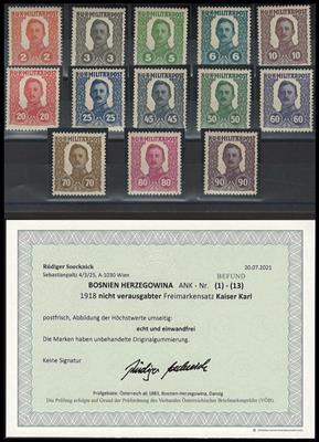** - Bosnien Nr. I/XIII (nicht verausgabter Freimarkensatz Kaiser Karl aus 1918), - Briefmarken