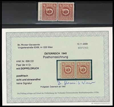 ** - Österr. 1945 - Posthornserie - Nr. 699DD im waagrechten Paar vom linken Bogenrand (4 Groschen mit DOPPELDRUCK), - Briefmarken