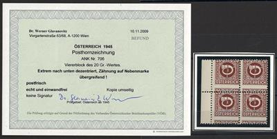 ** - Österr. 1945 - Posthornserie - Nr. 706 im linken Randviererblock STARK VERZÄHNT, - Briefmarken