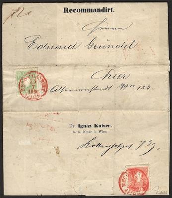 Poststück - Österr. Nr. 12 + 13II (rückseit.) aif Wiener Orts-Rekobrief, - Briefmarken