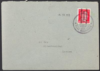 Poststück - Österreich 1945 - Grazer Aushilfsausgabe Kuvert mit 12 Pfg. und provisorischem Stempel des Musikvereins, - Briefmarken